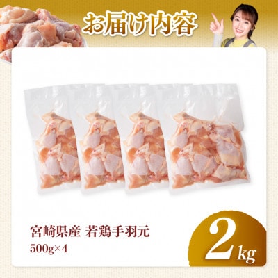 【宮崎県産】若鶏手羽元2kg(500g×4)