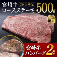 【さとふる限定】最高賞内閣総理大臣賞受賞宮崎牛ロースステーキ500g (ハンバーグ付き)(川南町)