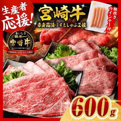 宮崎牛 赤身・霜降りすきしゃぶ2種600g+粗挽きウインナー(川南町)