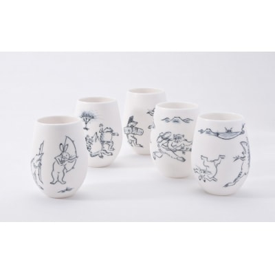 【陶あん】釉玻璃カップ　鳥獣戯画(兎と猿)