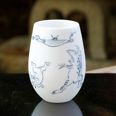 【陶あん】釉玻璃カップ　鳥獣戯画(相撲)