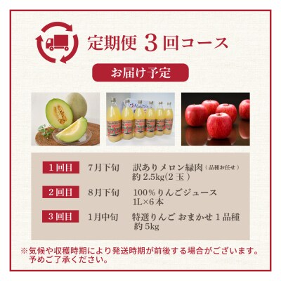 【7月発送開始】おいしい3種類 ☆ フルーツ定期便 【3回】 りんごジュース メロン りんご
