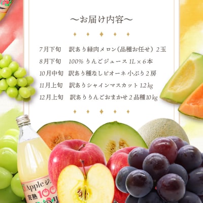 【7月発送開始】フルーツ定期便 5回 りんごジュース入り【訳あり】メロン ぶどう マスカット