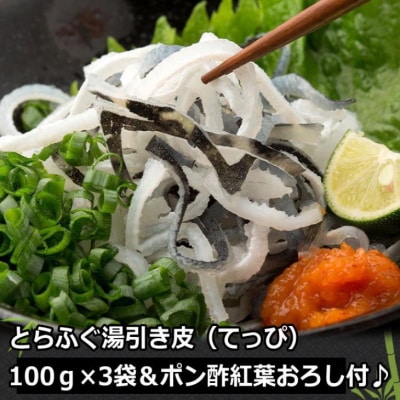 【若男水産】淡路島産 とらふぐ 湯引き皮 (てっぴ)袋入り100g×3、ポン酢紅葉おろし付