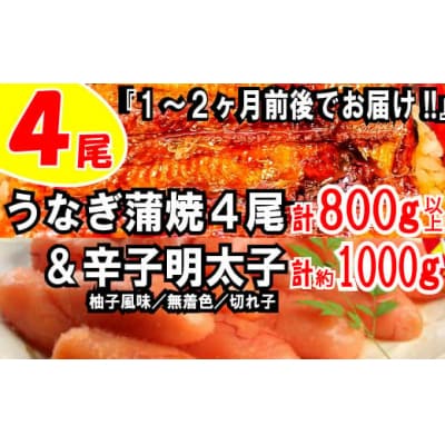 うなぎの蒲焼4尾&無着色辛子明太子1キロ【ご飯のお供!最強セット】.BF023