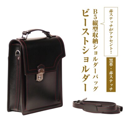本革仕様のB5縦型収納ショルダーバッグ【ビートルショルダー(黒革・赤ステッチ)】　ay10385
