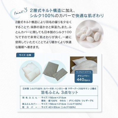 高級シルク100%カバー付きハンガリーマザーグース羽毛ふとん3点セット　IV