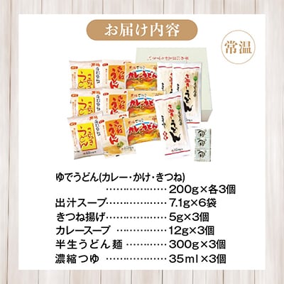 ゆでうどん(カレー・かけ・きつね)各3人前と　半生うどん9人前つゆ付き　詰合せ