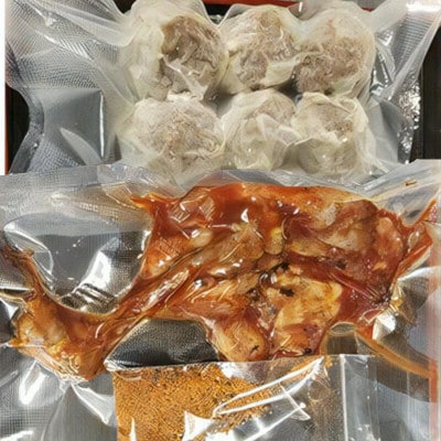 さぬき名物「鬼辛骨付き鳥」(鬼辛スパイス約10g)1本　約250g/「オリーブ豚焼売」45g×6個