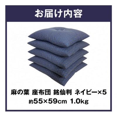 【讃岐ざぶとん】 麻の葉 座布団 銘仙判 55×59cm 5枚組 日本製 綿わた100% ネイビー