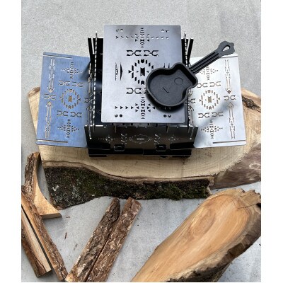 3WAY焚火BOXオルテガ柄スタンダードセット(五徳M×2,S×2付属)+　グリル鉄板L4.5ミリ厚