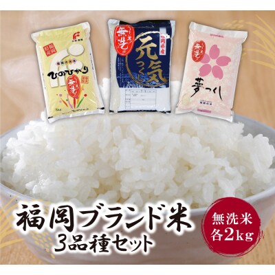 寄附額改定↓↓ 無洗米 福岡ブランド米3品種セット(各2kg)