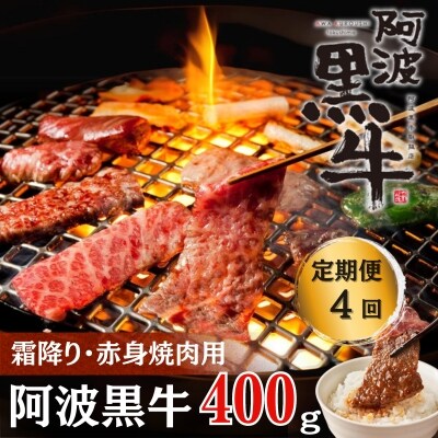定期便4回 阿波黒牛 霜降り 赤身(焼き肉用)400g