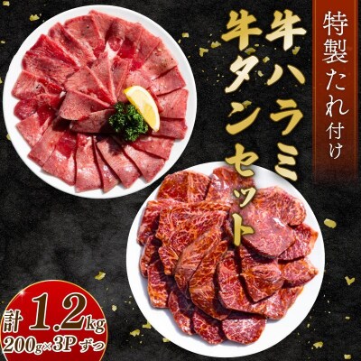 自家製 牛ハラミたれ漬け&牛タンスライス味付け 200g×3ずつ 計1.2kg