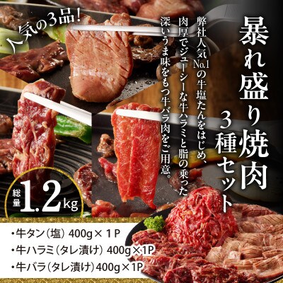 暴れ盛り 焼肉 3種セット 総量 1.2kg (牛タン/牛ハラミ/バラ)099H2875