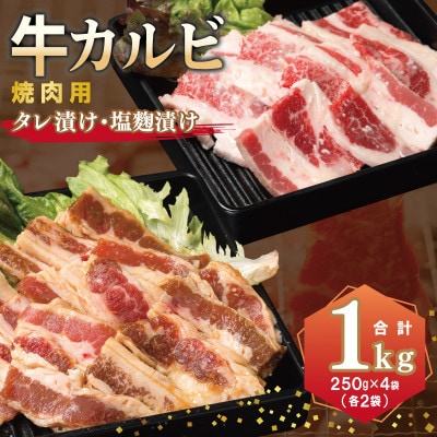 牛カルビ 焼肉用 タレ漬け+塩麹漬け 合計1kg(250g×各2袋)010B1669