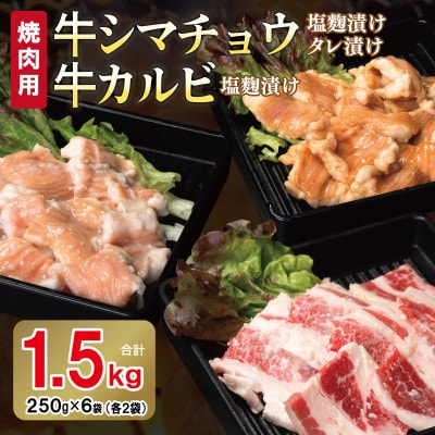 牛シマチョウ(タレ漬け+塩麹)&塩麹漬け牛カルビの焼肉セット 合計1.5Kg　010B1667