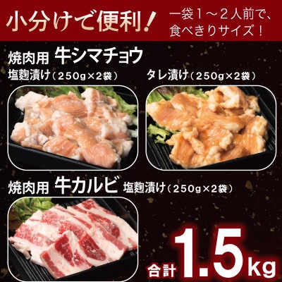 牛シマチョウ(タレ漬け+塩麹)&塩麹漬け牛カルビの焼肉セット 合計1.5Kg　010B1667