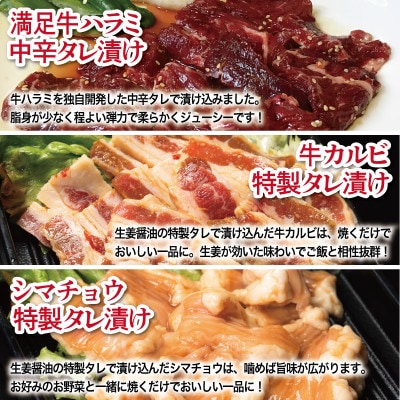 タレ漬け3種の牛焼肉セット 牛ハラミ・カルビ・シマチョウ(各2P) 合計1.5kg 099H3715