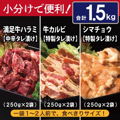 タレ漬け3種の牛焼肉セット 牛ハラミ・カルビ・シマチョウ(各2P) 合計1.5kg 099H3715