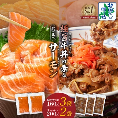 黒毛和牛の極旨牛丼の素160g×3袋&人気のアトランティックサーモン200g×2袋 099H3433