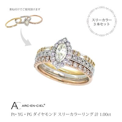 ARC-EN-CIELスリーカラーダイヤ1ct3本セットリング【鑑別書付き】『16号』J034-2