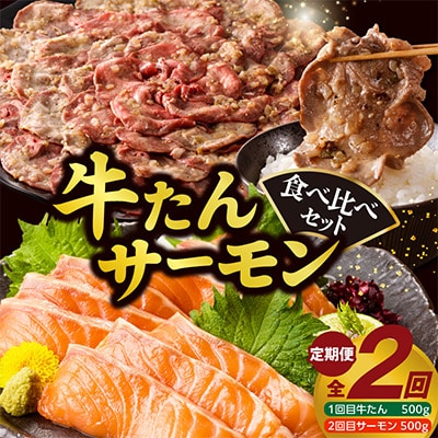 【毎月定期便】牛タン&サーモン 食べ比べ 定期便 総量1kg 099Z477 全2回