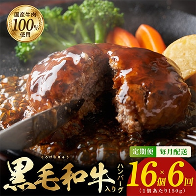 【毎月定期便】黒毛和牛入り 国産牛肉100% ハンバーグ 16個×全6回 G1724