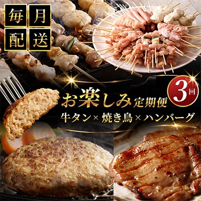 【毎月定期便】桜文 お楽しみセット 焼き鳥/牛タン/黒毛和牛 BIGハンバーグ 全3回 G1060