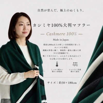100%カシミヤ・マフラー 緑インターシャ