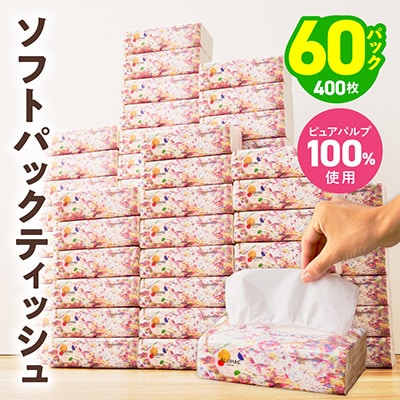 ソフトパックティッシュ 60パック×400枚 ピュアパルプ100% 010B1754