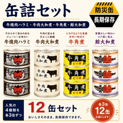 缶詰4種★ 12缶セット(牛焼肉ハラミ缶詰/牛肉大和煮缶詰/牛角煮缶詰/鯨大和煮缶詰)