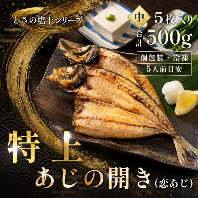あじの開き 恋あじ 中 5枚入り 500g 高級干物 アジ干物 焼き魚 個包装 冷凍 天日塩 贈答