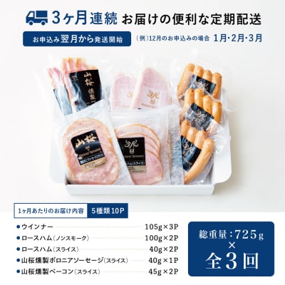 【定期便3回:3ヶ月連続】マイスター山野井 ハム・ソーセージ 5種(計10P)定期配送 冷蔵
