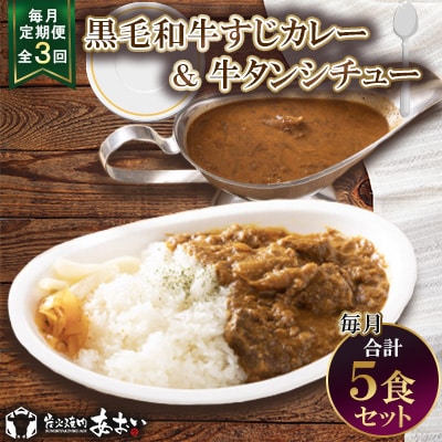 【毎月定期便】【ご自宅用】黒毛和牛すじカレー&牛タンシチュー 5食セット全3回