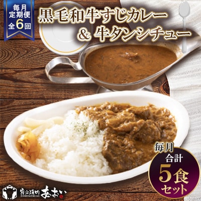 【毎月定期便】【ご自宅用】黒毛和牛すじカレー&牛タンシチュー 5食セット全6回