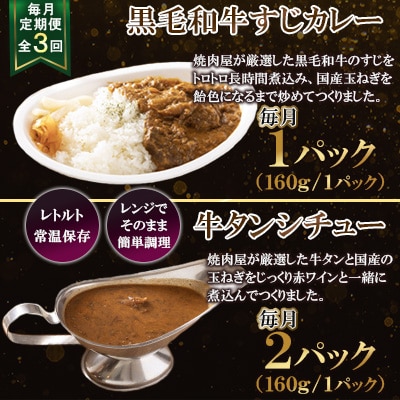 【毎月定期便】【3食セット】黒毛和牛すじカレー×1 牛タンシチュー×2　全3回