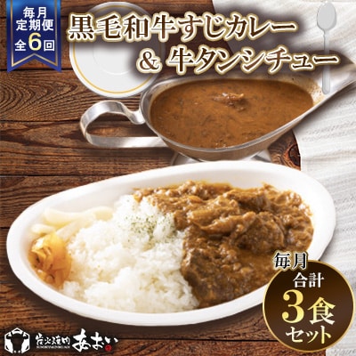 【毎月定期便】【3食セット】黒毛和牛すじカレー×1 牛タンシチュ―×2　全6回