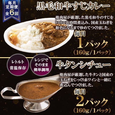 【毎月定期便】【3食セット】黒毛和牛すじカレー×1 牛タンシチュ―×2　全6回