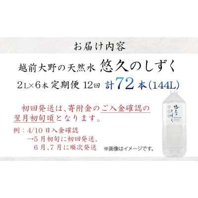 【12ヶ月連続お届け】 < 定期便 >越前大野の天然水　悠久のしずく  PET2L×6本 計72本