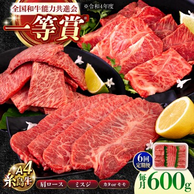 【6回定期便】焼肉3種 600g 2-3人前 肩ロース ミスジ モモ (カタ) [AGN013]