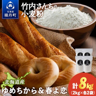 竹内さんちの小麦粉食べ比べ! 春よ恋・ゆめちから 各2kg×各2袋 保存に便利なチャック付袋!