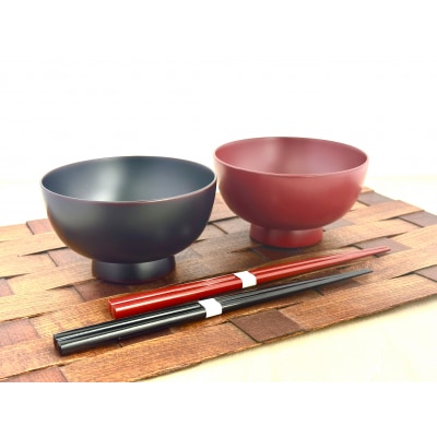 川連漆器　箸付夫婦まんぷく椀(銀朱・銀溜)紙箱入[H4-5501]