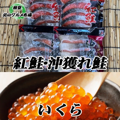甘塩紅鮭5切×10P、甘塩沖獲れ鮭5切×10P、いくら醤油漬け100g×5P E-76003