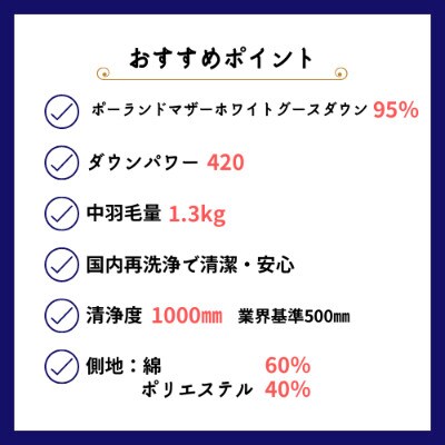 京都金桝の羽毛布団  掛け布団 ポーランドマザーグースダウン95%(ブルー) DP420 ロワーレ