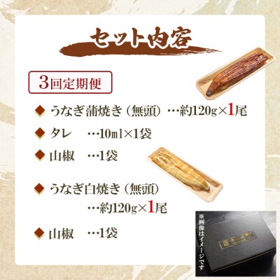 【3回定期便】うなぎ屋きた本 うなぎ蒲焼き&白焼き120g セット 各1尾(無頭) Wun-0102