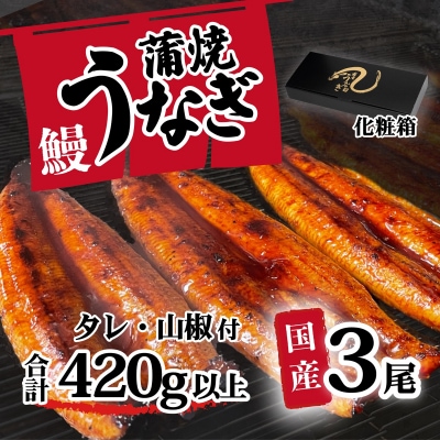 【化粧箱】訳あり 国産うなぎ 蒲焼き 3尾 420g以上 大きさ不揃い タレ・山椒付き ギフト