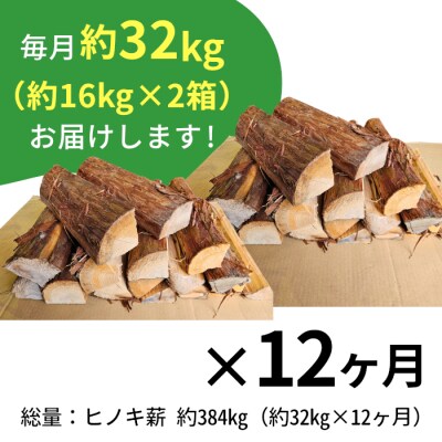 ヒノキ薪 定期便 全12回 中～大割 約32kg 約16kg×2箱 計384kg ヒノキ 薪