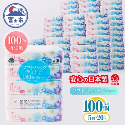 100パック!! ソフトパックティッシュ ソフィアタッチエコ ティッシュペーパー 日用品 大容量 