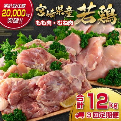 【3ヶ月定期便】宮崎県産若鶏もも肉 むね肉 4kg×3回　訳あり[2934]